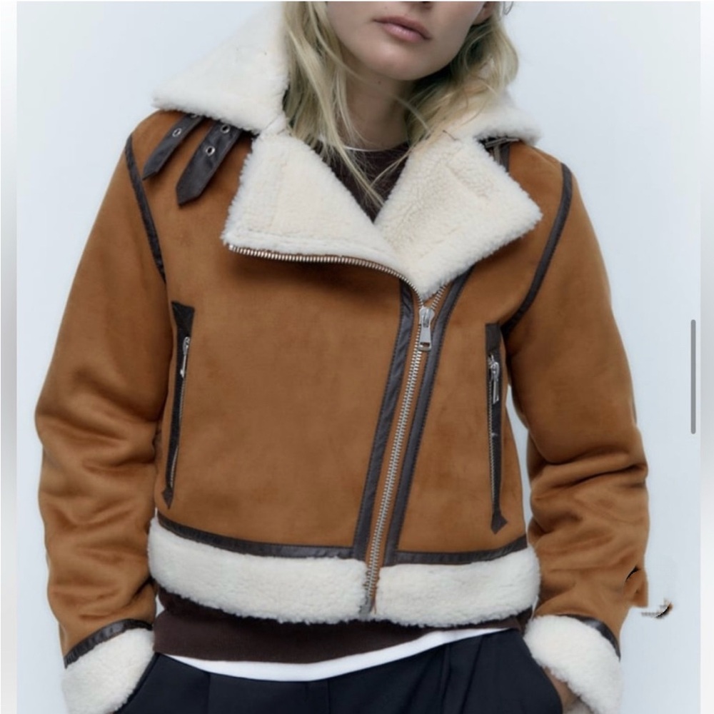 Zara Tan Suede Shearling-Lined Bomber Jacket with Cream Trim